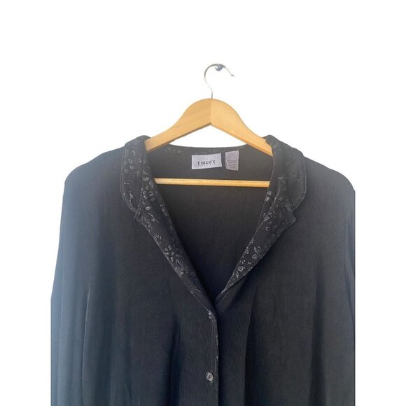 Chicos Travelers Cardigan Slinky Jacket Size 3/XL Black Fancy Collar Button - Picture 2 of 7
